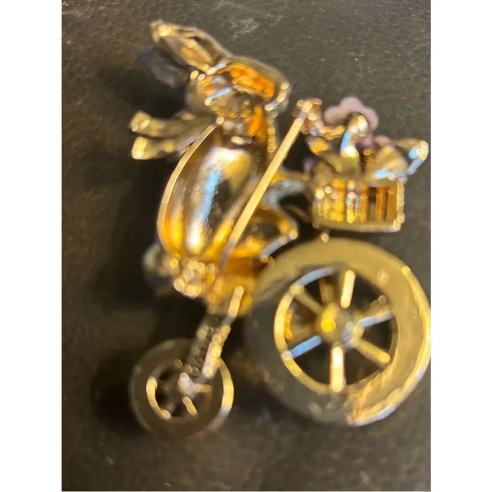 New Napier Rabbit on Bicycle Brooch with Pink Flowers and Green Wheels